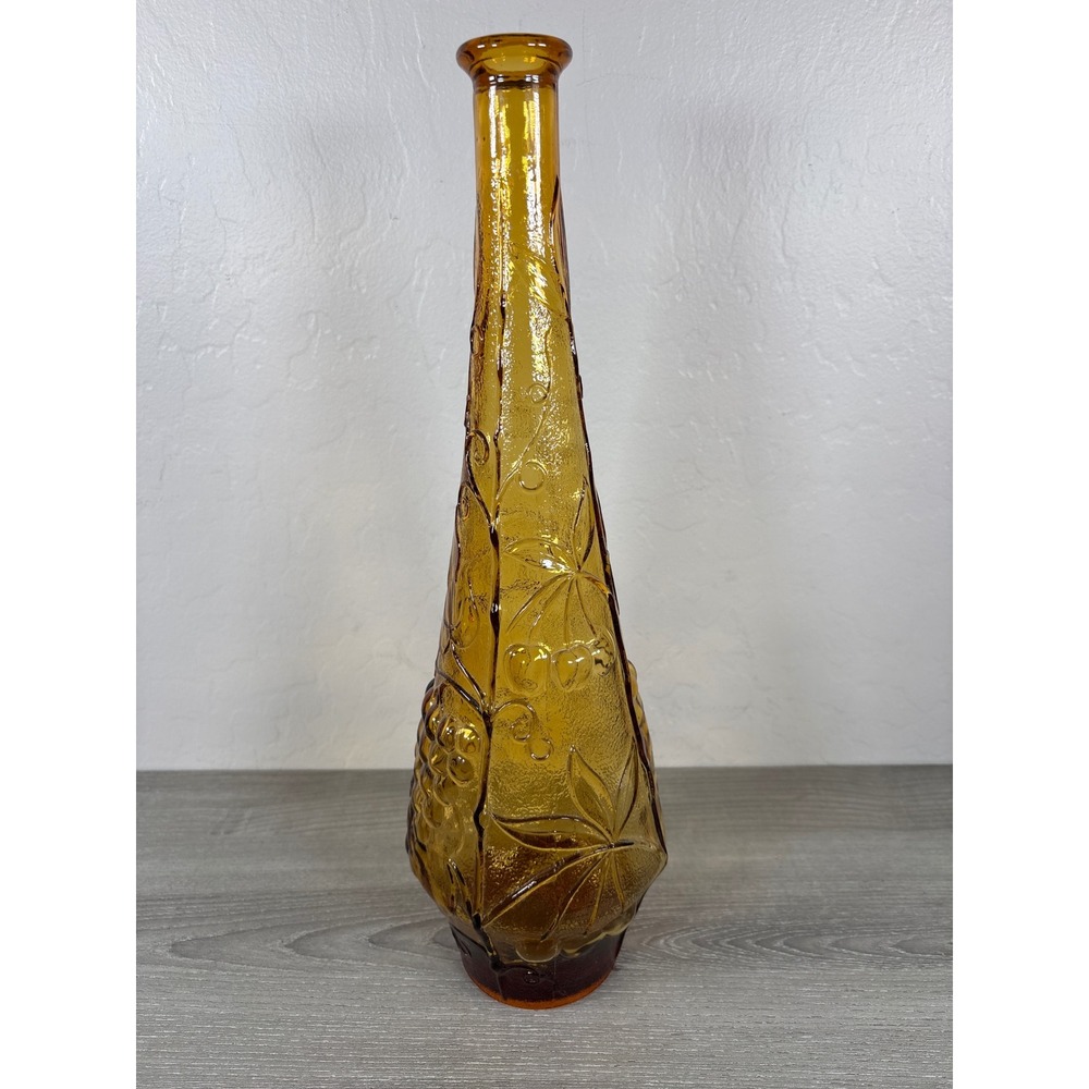 Vintage Empoli Amber Glass Genie Bottle Decanter Floral Embossed Grapes MCM 15.5